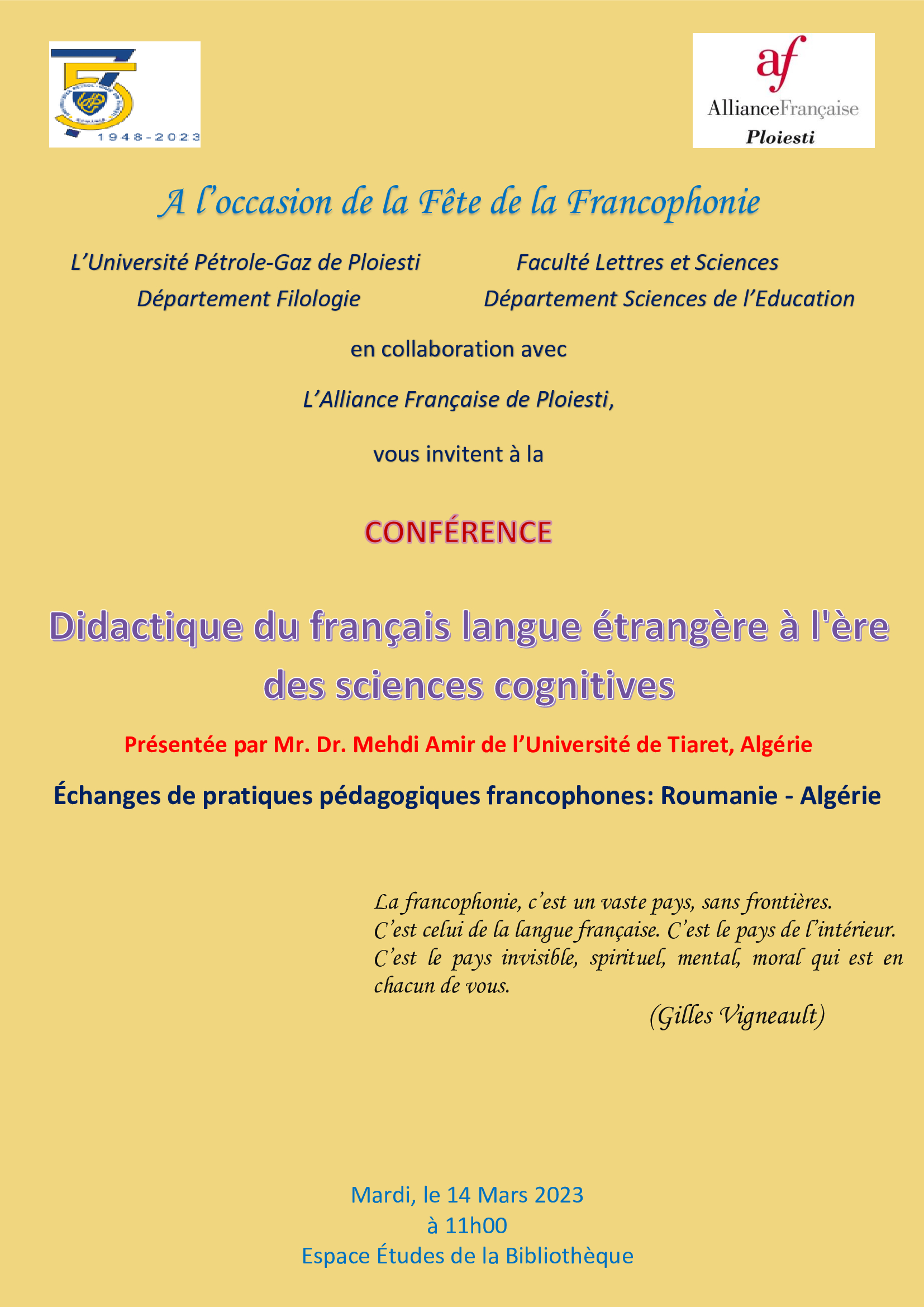 "Didactique du français langue étrangère à l'ère des sciences cognitives" - conférence à l'occasion de la Fête de la Francophonie