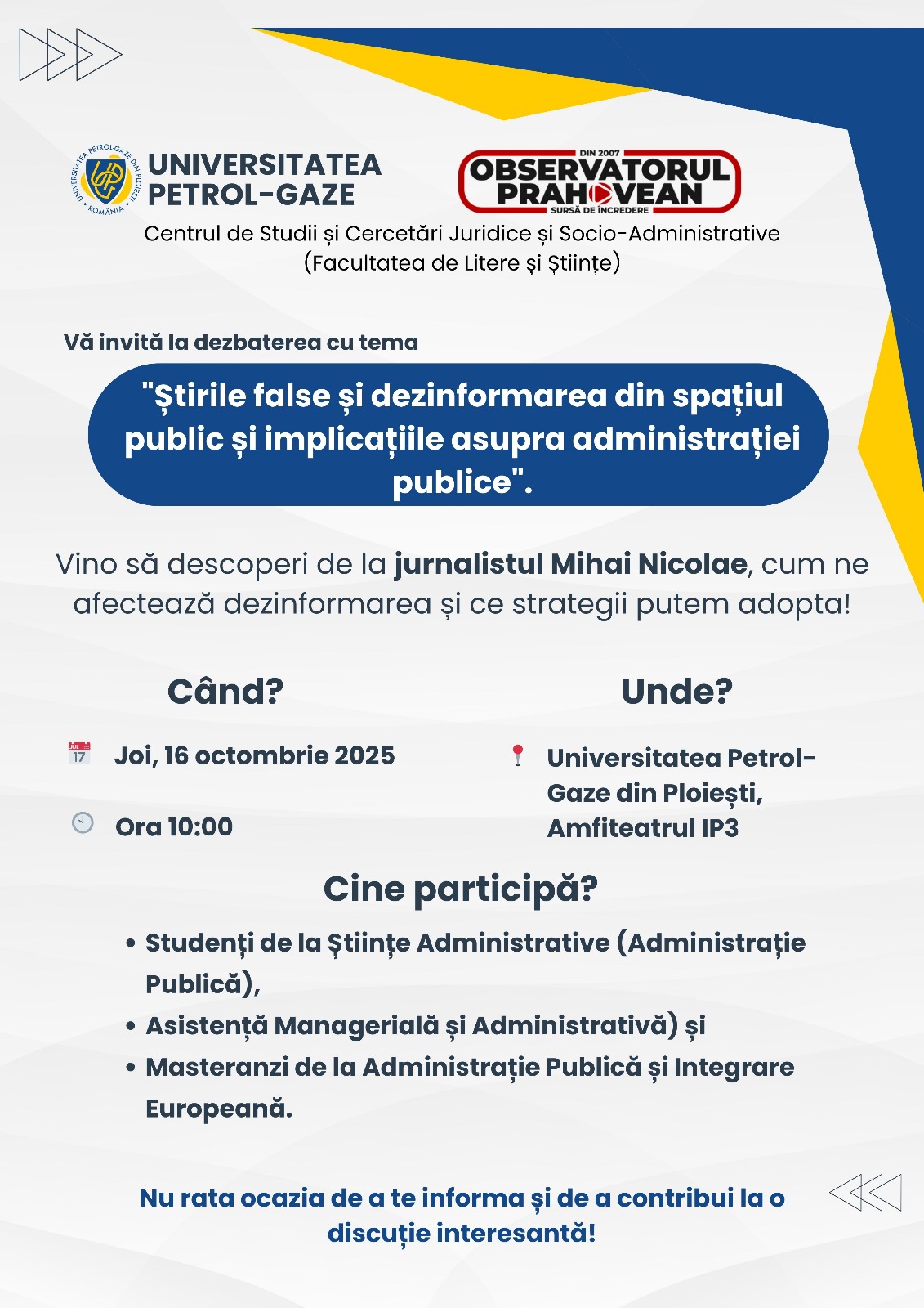 Invitație participare dezbatere - 16 octombrie 2025, ora 10:00